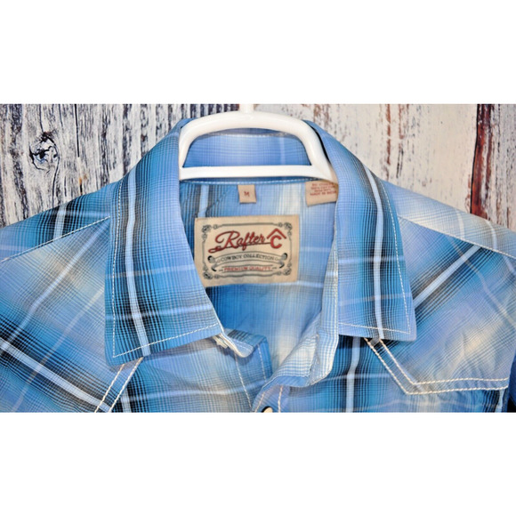 Rafter-C Cowboy Collection Western Pearl Snap Men's Button Shirt Med Blue Plaid - Picture 3 of 6